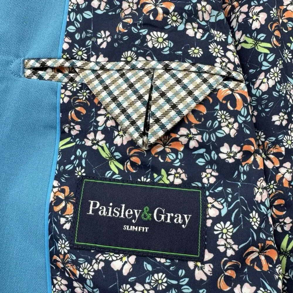 Paisley & Gray 48R Blue Sport Coat Blazer Floral Lining Elbow Patch Slim Fit